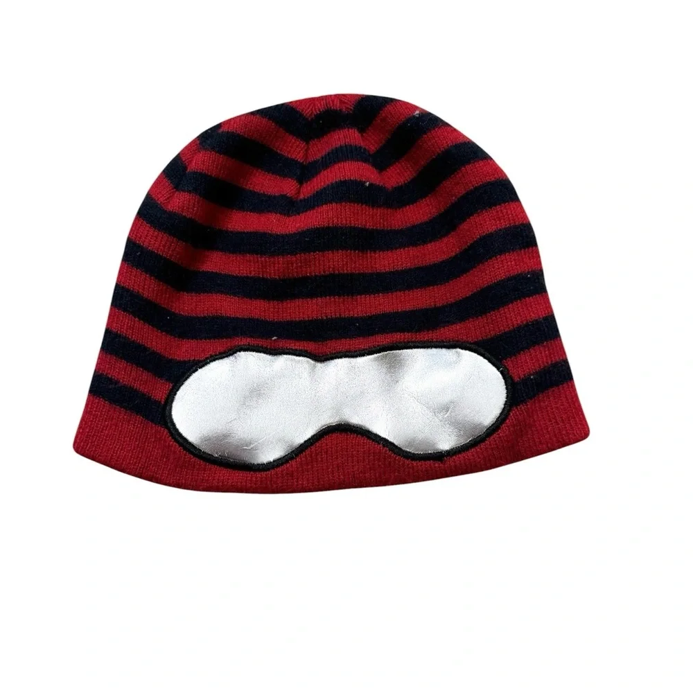 The Children's Place Red and Black Striped Beanie with Silver Goggles Patch